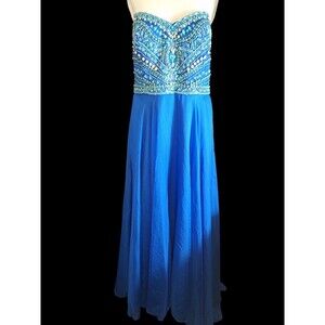 RACHEL ALLAN CURVE Strapless Blue Beaded HOCO Dress Plus Sz 14W Prom Long Party